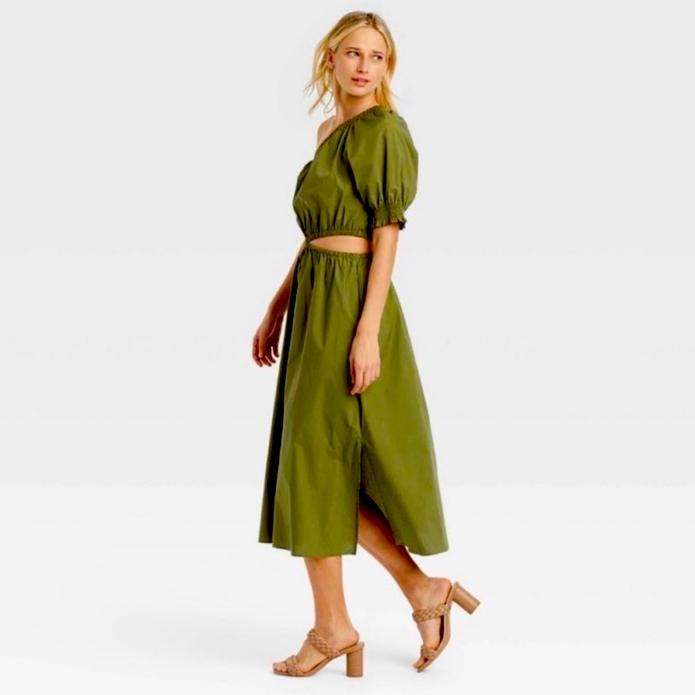 Who What Wear One Shoulder Puff Sleeve Green Cutout Drees NWT.